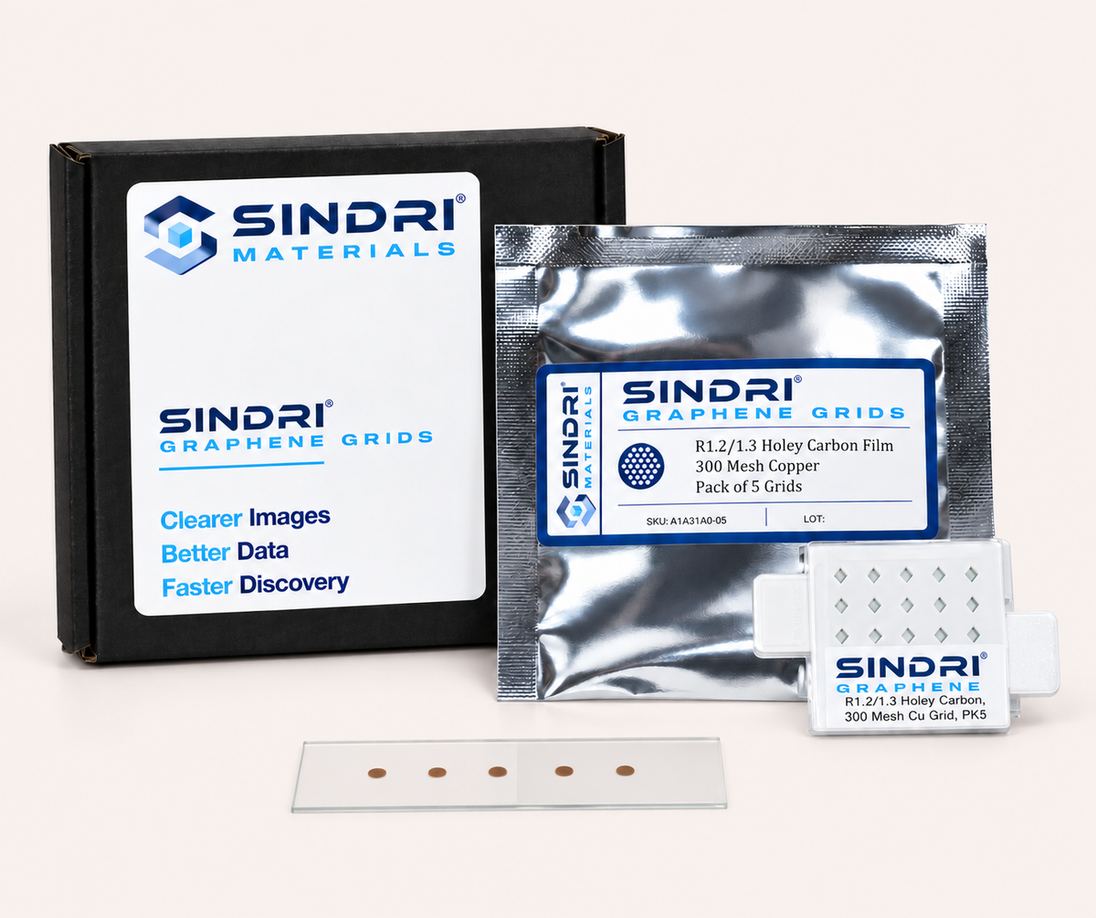 Sindri monolayer graphene cryo-EM grids on copper mesh, packaged in a protective grid box and sealed pouch with 5-grid packaging.