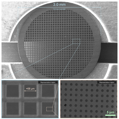 SEM overview of a Sindri graphene cryo-EM grid on copper at 30×, 500×, and 5,000× magnification.